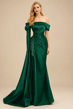 Rutipo Dark Green Sheath/Column Off-The-Shoulder Long Sleeves Sweep Train Satin/Sequined Prom Dresses With Beading/High Split