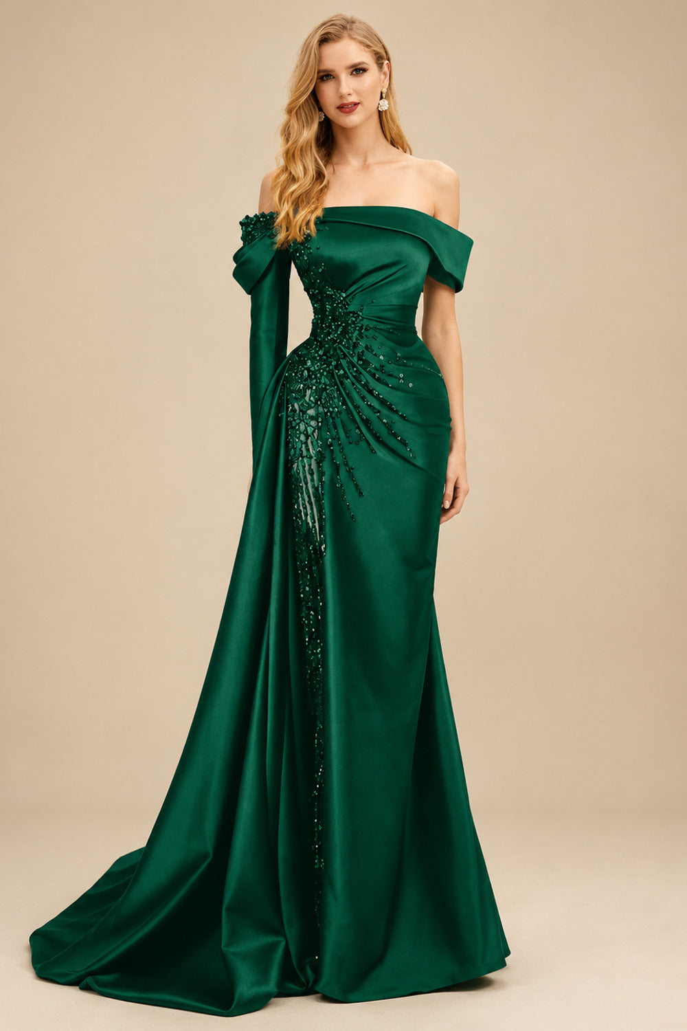 Rutipo Dark Green Sheath/Column Off-The-Shoulder Long Sleeves Sweep Train Satin/Sequined Prom Dresses With Beading/High Split