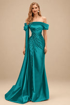 Rutipo Jade Sheath/Column Off-The-Shoulder Long Sleeves Sweep Train Satin/Sequined Prom Dresses With Beading/High Split