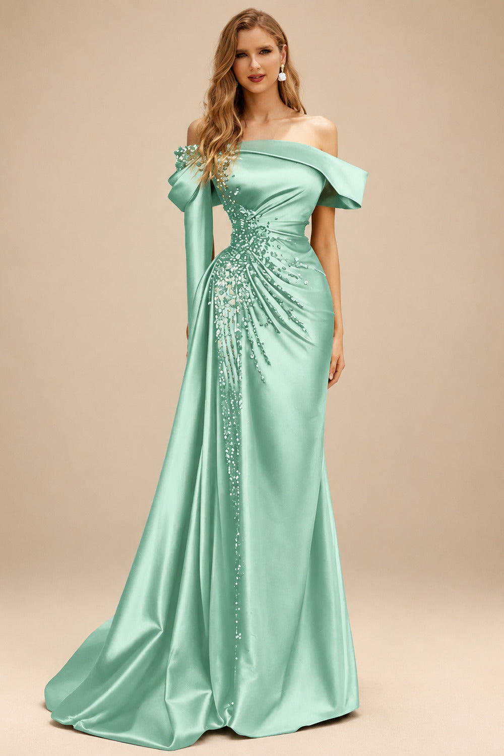 Rutipo Mint Green Sheath/Column Off-The-Shoulder Long Sleeves Sweep Train Satin/Sequined Prom Dresses With Beading/High Split
