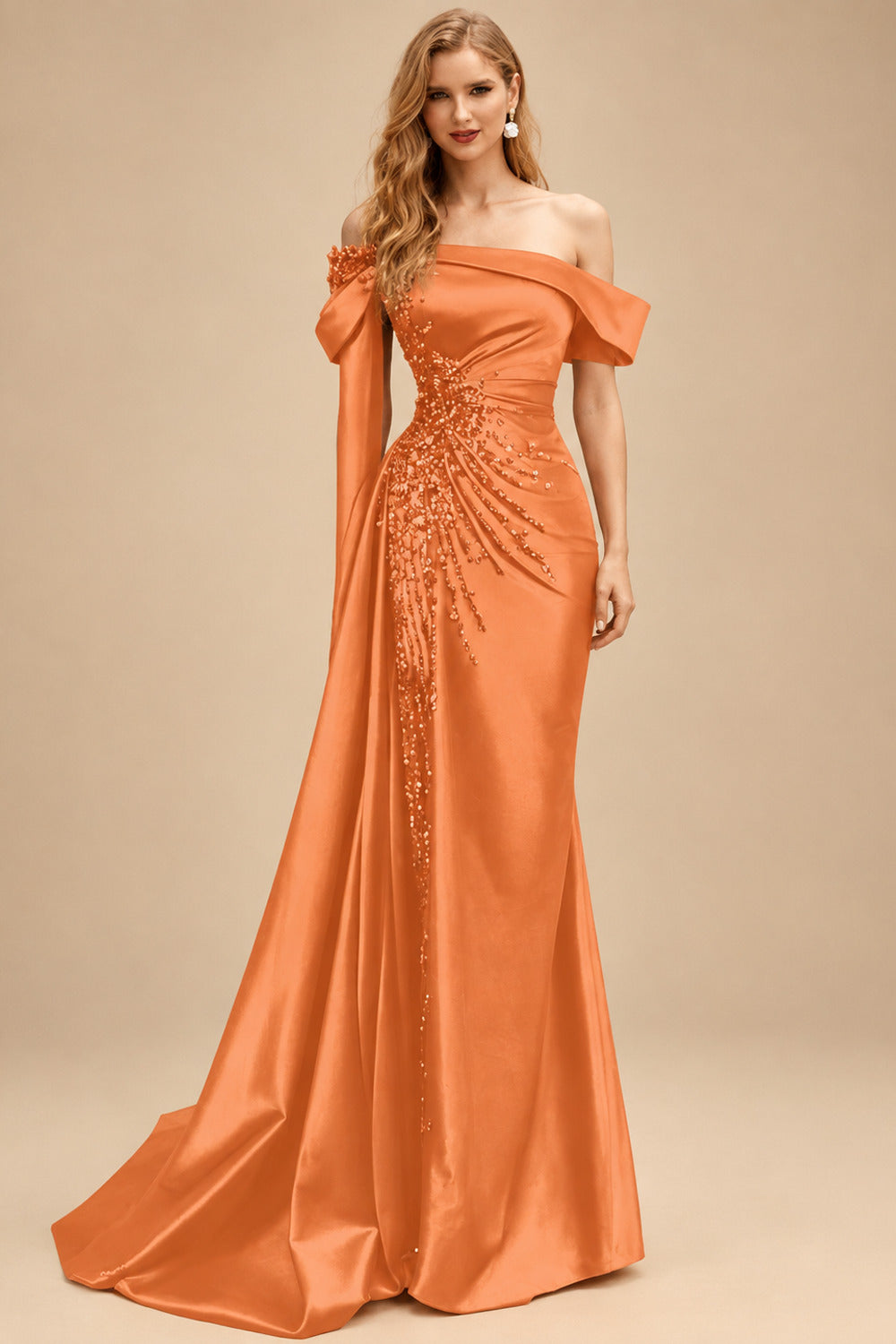 Rutipo Orange Sheath/Column Off-The-Shoulder Long Sleeves Sweep Train Satin/Sequined Prom Dresses With Beading/High Split