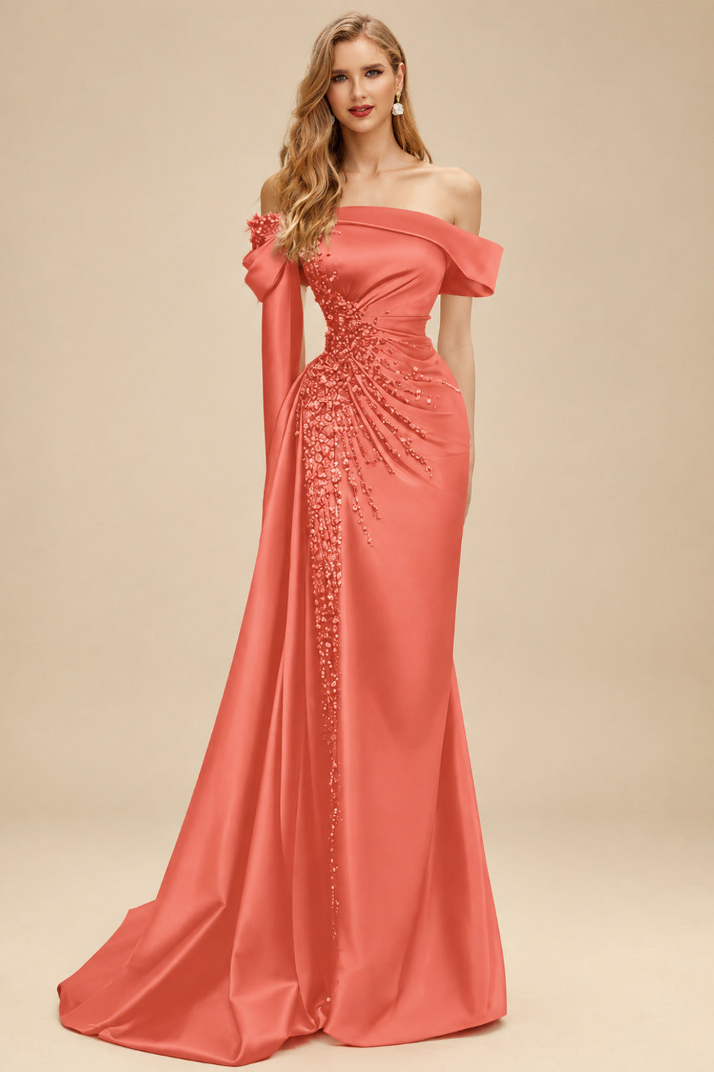 Rutipo Papaya Sheath/Column Off-The-Shoulder Long Sleeves Sweep Train Satin/Sequined Prom Dresses With Beading/High Split