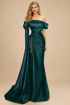 Rutipo Peacock Sheath/Column Off-The-Shoulder Long Sleeves Sweep Train Satin/Sequined Prom Dresses With Beading/High Split
