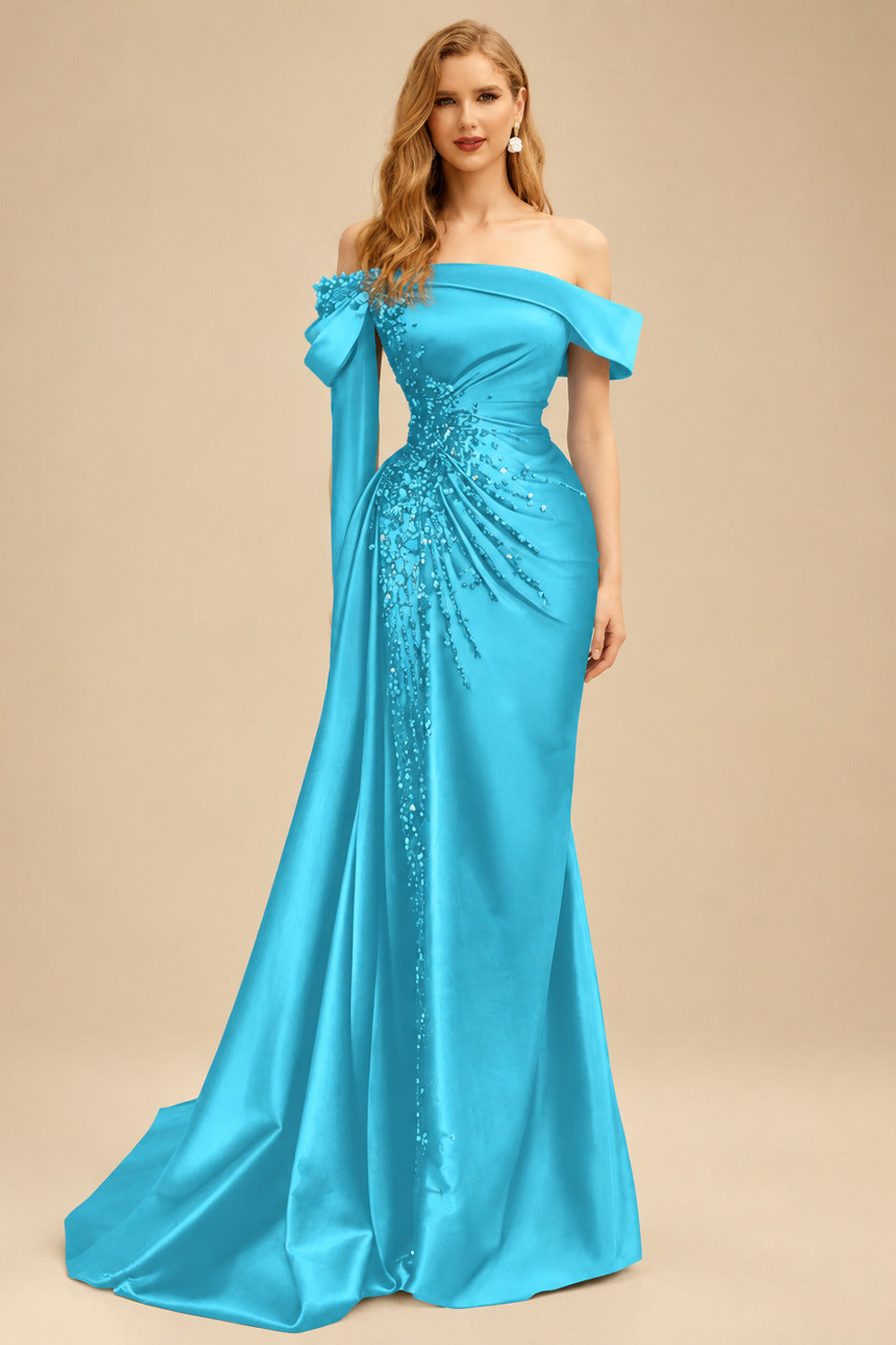 Rutipo Pool Sheath/Column Off-The-Shoulder Long Sleeves Sweep Train Satin/Sequined Prom Dresses With Beading/High Split