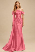 Rutipo Watermelon Sheath/Column Off-The-Shoulder Long Sleeves Sweep Train Satin/Sequined Prom Dresses With Beading/High Split