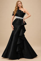 Rutipo Black A-Line One-Shoulder Sleeveless Floor-Length Satin Prom Dresses With Ruffle