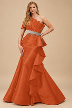 Rutipo Burnt Orange A-Line One-Shoulder Sleeveless Floor-Length Satin Prom Dresses With Ruffle