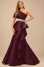 Rutipo Cabernet A-Line One-Shoulder Sleeveless Floor-Length Satin Prom Dresses With Ruffle