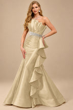 Rutipo Champagne A-Line One-Shoulder Sleeveless Floor-Length Satin Prom Dresses With Ruffle