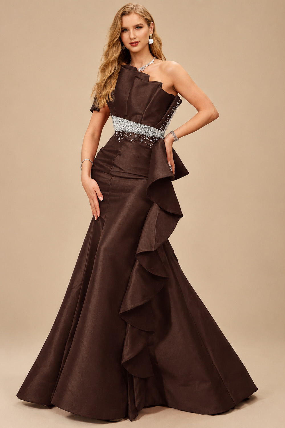 Rutipo Chocolate A-Line One-Shoulder Sleeveless Floor-Length Satin Prom Dresses With Ruffle