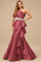 Rutipo Cinnamon Rose A-Line One-Shoulder Sleeveless Floor-Length Satin Prom Dresses With Ruffle