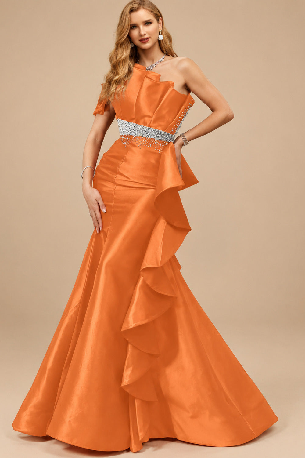 Rutipo Orange A-Line One-Shoulder Sleeveless Floor-Length Satin Prom Dresses With Ruffle
