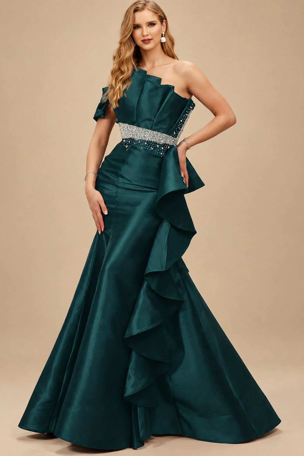 Rutipo Peacock A-Line One-Shoulder Sleeveless Floor-Length Satin Prom Dresses With Ruffle