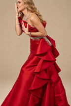 Rutipo Red A-Line One-Shoulder Sleeveless Floor-Length Satin Prom Dresses With Ruffle
