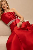 Rutipo Red A-Line One-Shoulder Sleeveless Floor-Length Satin Prom Dresses With Ruffle