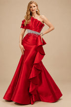 Rutipo Red A-Line One-Shoulder Sleeveless Floor-Length Satin Prom Dresses With Ruffle