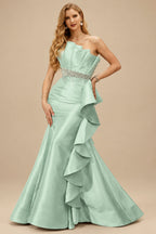 Rutipo Sage Green A-Line One-Shoulder Sleeveless Floor-Length Satin Prom Dresses With Ruffle