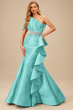Rutipo Spa A-Line One-Shoulder Sleeveless Floor-Length Satin Prom Dresses With Ruffle