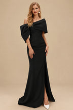 Rutipo Black Sheath/Column One-Shoulder Elastic Satin Prom Dresses With Split Front