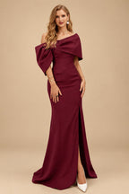 Rutipo Burgundy Sheath/Column One-Shoulder Elastic Satin Prom Dresses With Split Front
