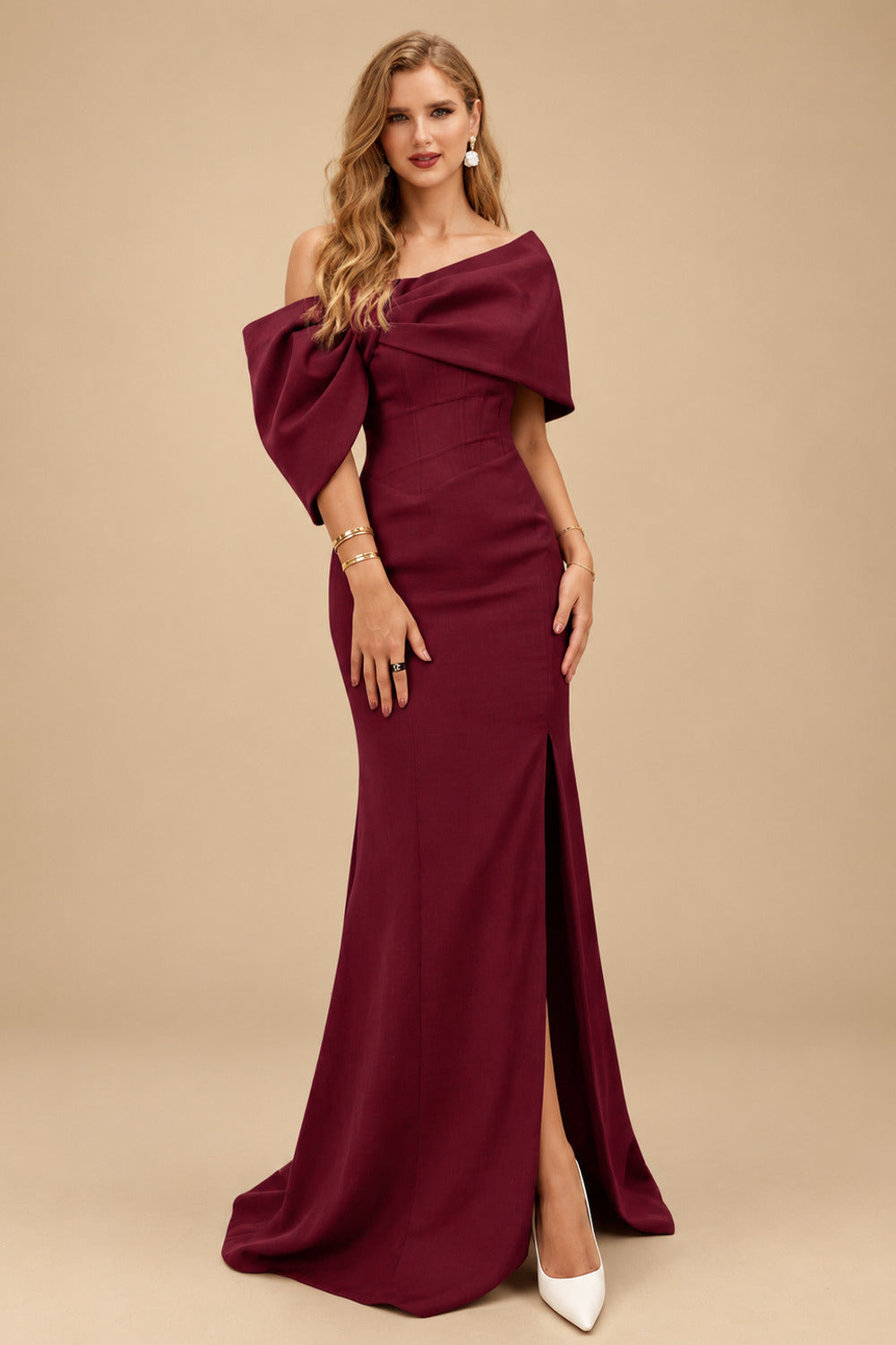 Rutipo Burgundy Sheath/Column One-Shoulder Elastic Satin Prom Dresses With Split Front