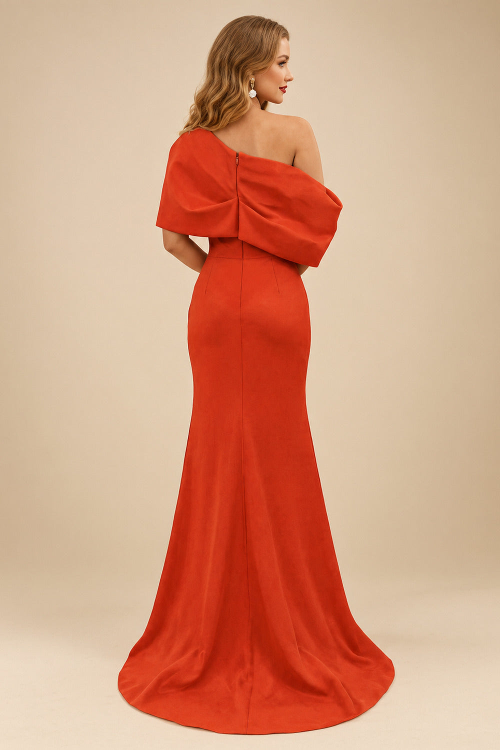 Rutipo Burnt Orange Sheath/Column One-Shoulder Elastic Satin Prom Dresses With Split Front
