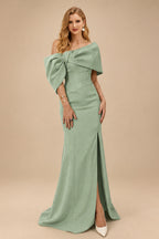 Rutipo Celadon Sheath/Column One-Shoulder Elastic Satin Prom Dresses With Split Front