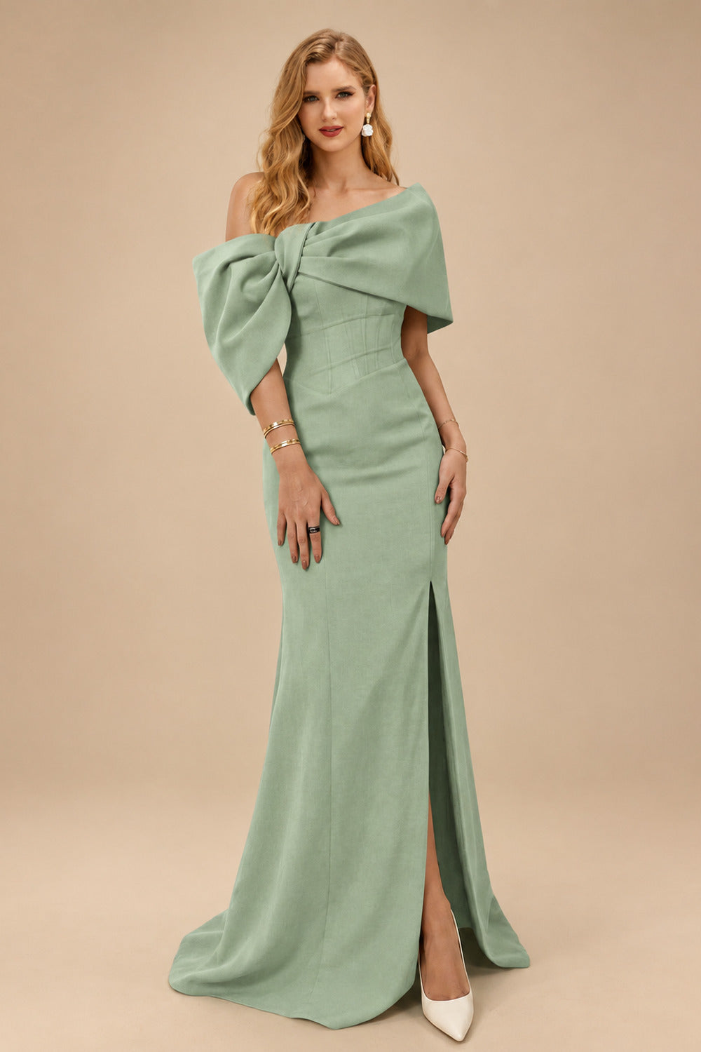 Rutipo Celadon Sheath/Column One-Shoulder Elastic Satin Prom Dresses With Split Front