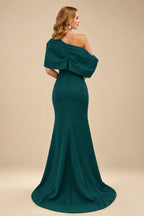 Rutipo Dark Green Sheath/Column One-Shoulder Elastic Satin Prom Dresses With Split Front