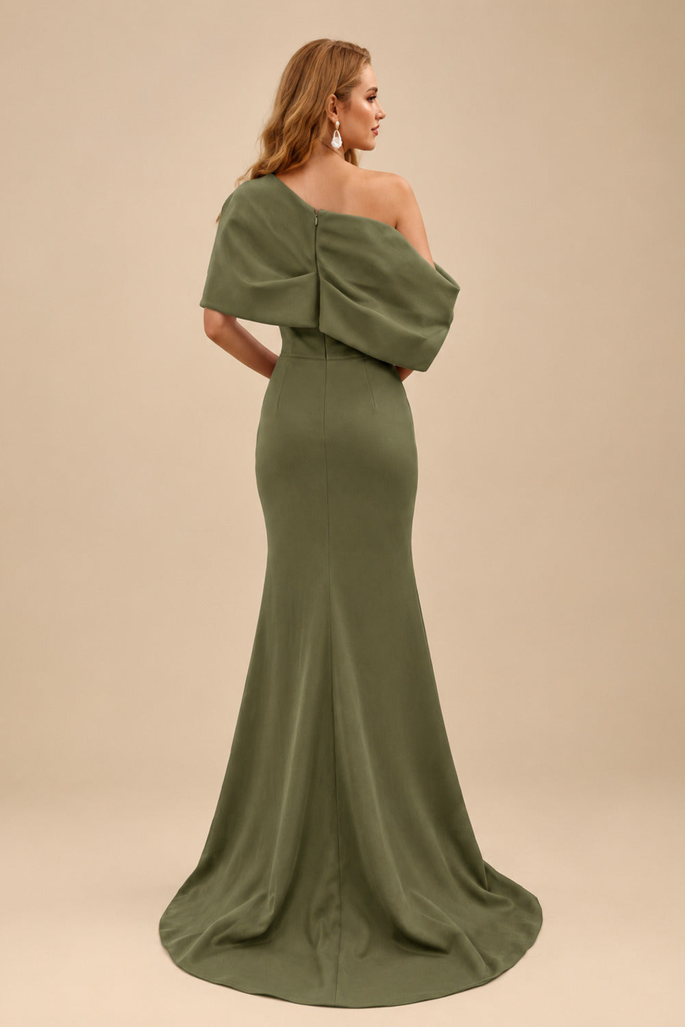Rutipo Olive Green Sheath/Column One-Shoulder Elastic Satin Prom Dresses With Split Front