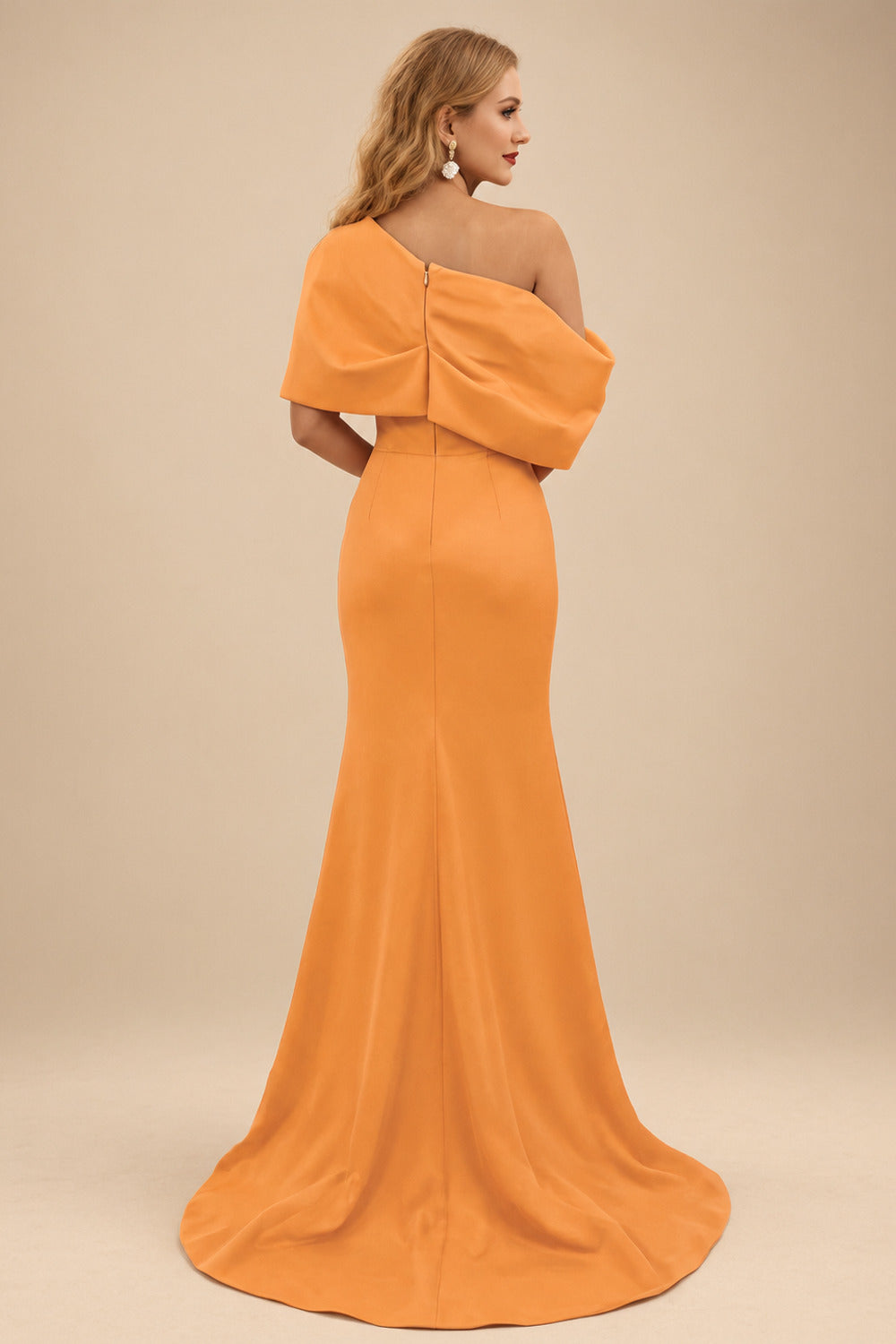 Rutipo Orange Sheath/Column One-Shoulder Elastic Satin Prom Dresses With Split Front