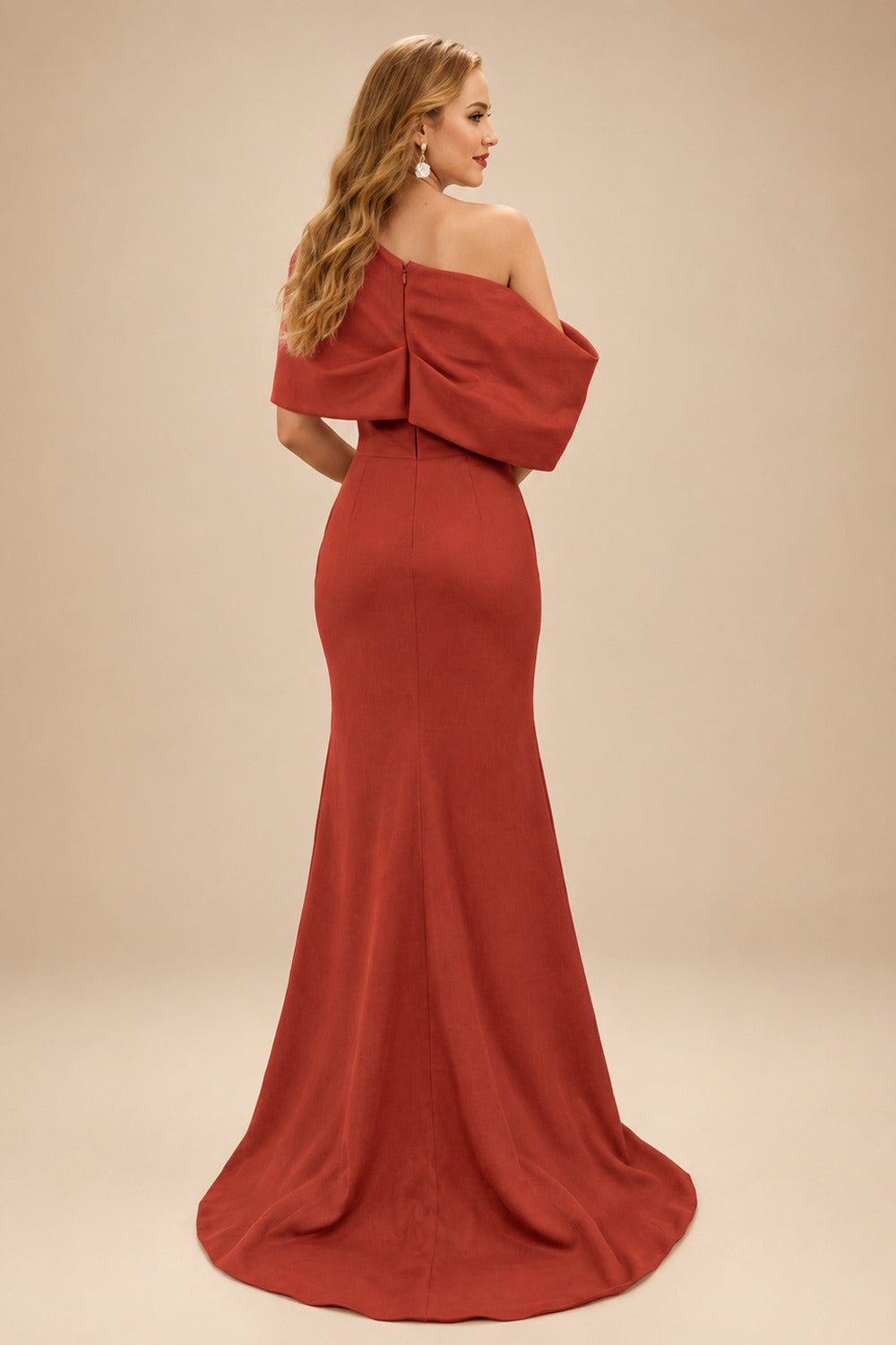 Rutipo Vermilion Sheath/Column One-Shoulder Elastic Satin Prom Dresses With Split Front