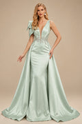 Rutipo Sage Green Sheath/Column V-Neck Sleeveless Sweep Train Satin Prom Dresses With Sequins