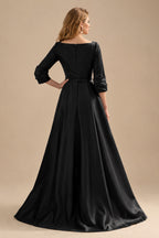 Rutipo Black A-Line V-Neck 3/4 Sleeves Floor-Length Satin Prom Dresses With High Split