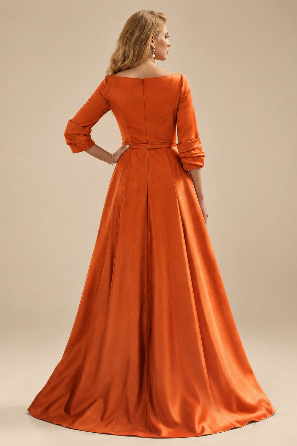 Rutipo Burnt Orange A-Line V-Neck 3/4 Sleeves Floor-Length Satin Prom Dresses With High Split