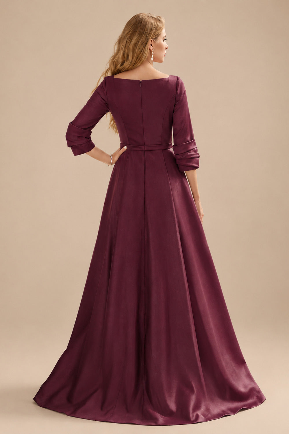 Rutipo Cabernet A-Line V-Neck 3/4 Sleeves Floor-Length Satin Prom Dresses With High Split