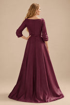 Rutipo Cabernet A-Line V-Neck 3/4 Sleeves Floor-Length Satin Prom Dresses With High Split