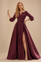 Rutipo Cabernet A-Line V-Neck 3/4 Sleeves Floor-Length Satin Prom Dresses With High Split