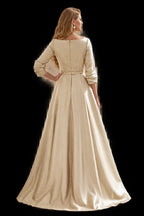 Rutipo Champagne A-Line V-Neck 3/4 Sleeves Floor-Length Satin Prom Dresses With High Split
