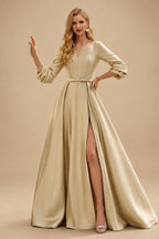 Rutipo Champagne A-Line V-Neck 3/4 Sleeves Floor-Length Satin Prom Dresses With High Split