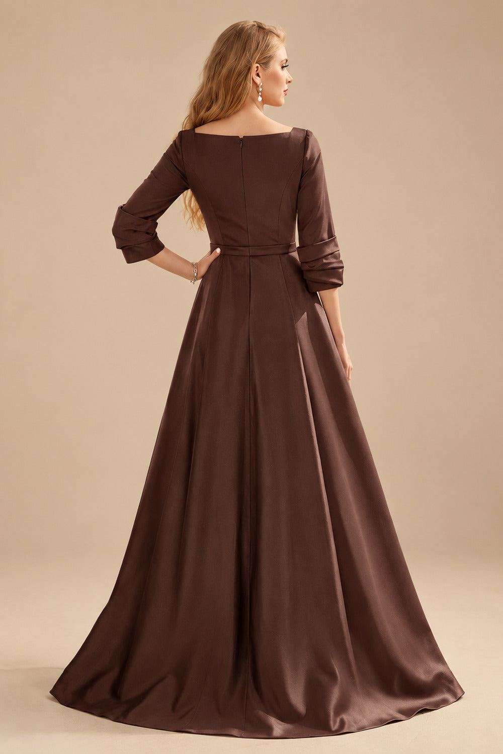 Rutipo Chocolate A-Line V-Neck 3/4 Sleeves Floor-Length Satin Prom Dresses With High Split