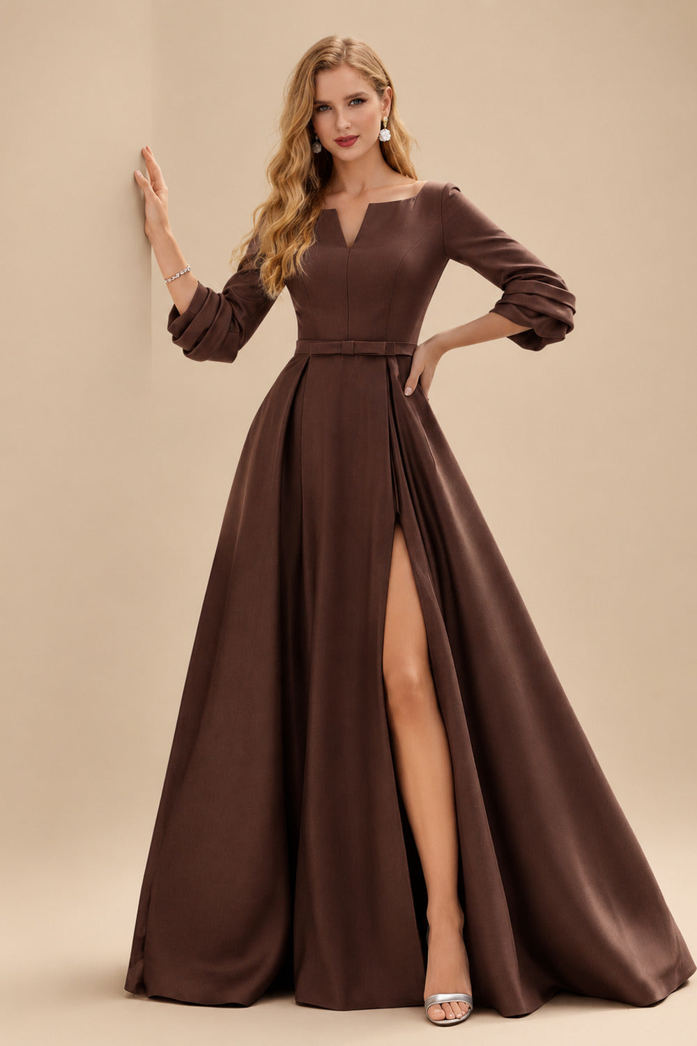 Rutipo Chocolate A-Line V-Neck 3/4 Sleeves Floor-Length Satin Prom Dresses With High Split
