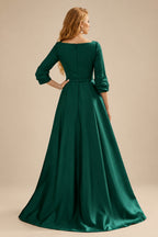 Rutipo Dark Green A-Line V-Neck 3/4 Sleeves Floor-Length Satin Prom Dresses With High Split