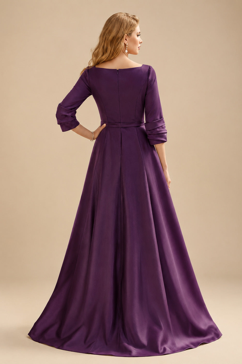 Rutipo Grape A-Line V-Neck 3/4 Sleeves Floor-Length Satin Prom Dresses With High Split