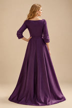 Rutipo Grape A-Line V-Neck 3/4 Sleeves Floor-Length Satin Prom Dresses With High Split