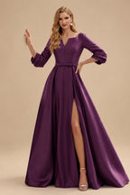 Rutipo Grape A-Line V-Neck 3/4 Sleeves Floor-Length Satin Prom Dresses With High Split