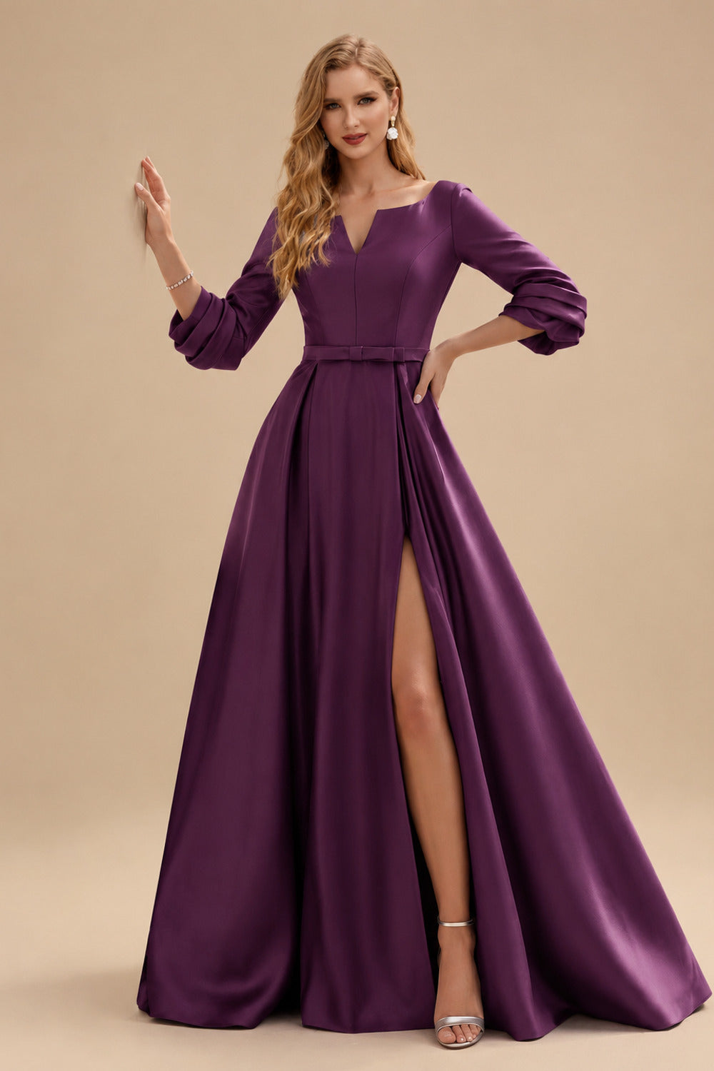 Rutipo Grape A-Line V-Neck 3/4 Sleeves Floor-Length Satin Prom Dresses With High Split