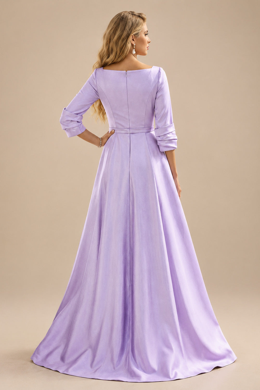 Rutipo Lilac A-Line V-Neck 3/4 Sleeves Floor-Length Satin Prom Dresses With High Split
