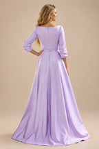 Rutipo Lilac A-Line V-Neck 3/4 Sleeves Floor-Length Satin Prom Dresses With High Split