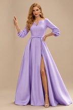 Rutipo Lilac A-Line V-Neck 3/4 Sleeves Floor-Length Satin Prom Dresses With High Split